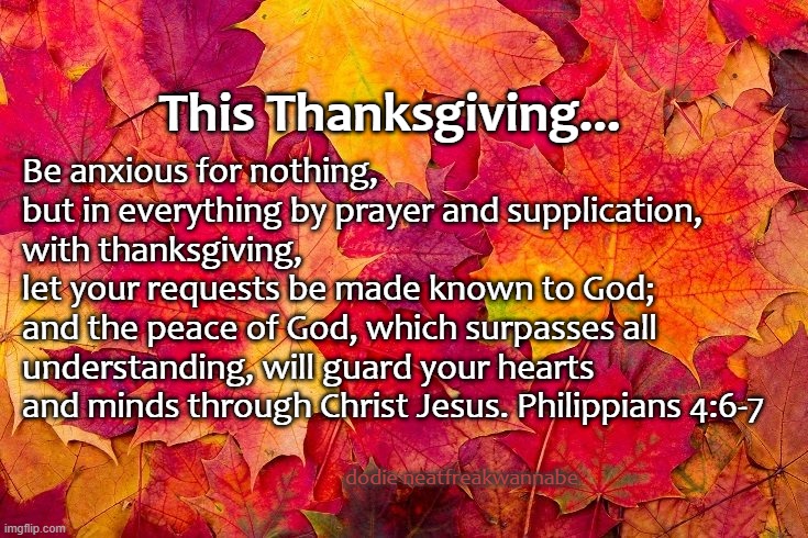 Thanksgiving | This Thanksgiving... Be anxious for nothing, 
but in everything by prayer and supplication, with thanksgiving, 
let your requests be made known to God;  
and the peace of God, which surpasses all understanding, will guard your hearts and minds through Christ Jesus. Philippians 4:6-7; dodie neatfreakwannabe | image tagged in leaves | made w/ Imgflip meme maker