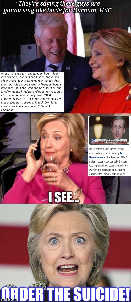 Who is the next suicide? | "They're saying these guys are gonna sing like birds for Durham, Hill"; ORDER THE SUICIDE! | image tagged in clinton,crime,family,suicide,what i really do,murderer | made w/ Imgflip meme maker