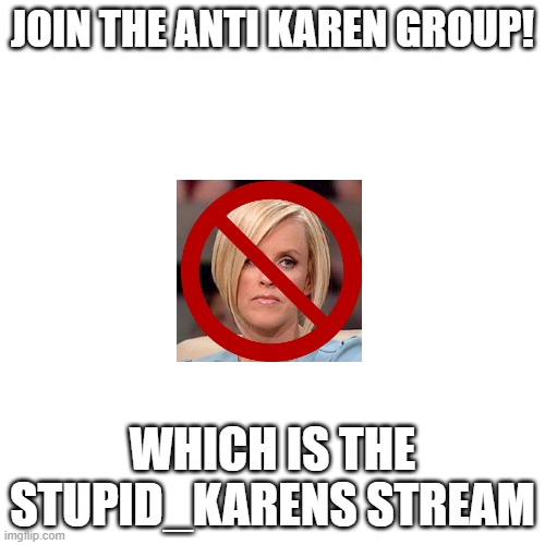Blank Transparent Square | JOIN THE ANTI KAREN GROUP! WHICH IS THE STUPID_KARENS STREAM | image tagged in memes,blank transparent square | made w/ Imgflip meme maker