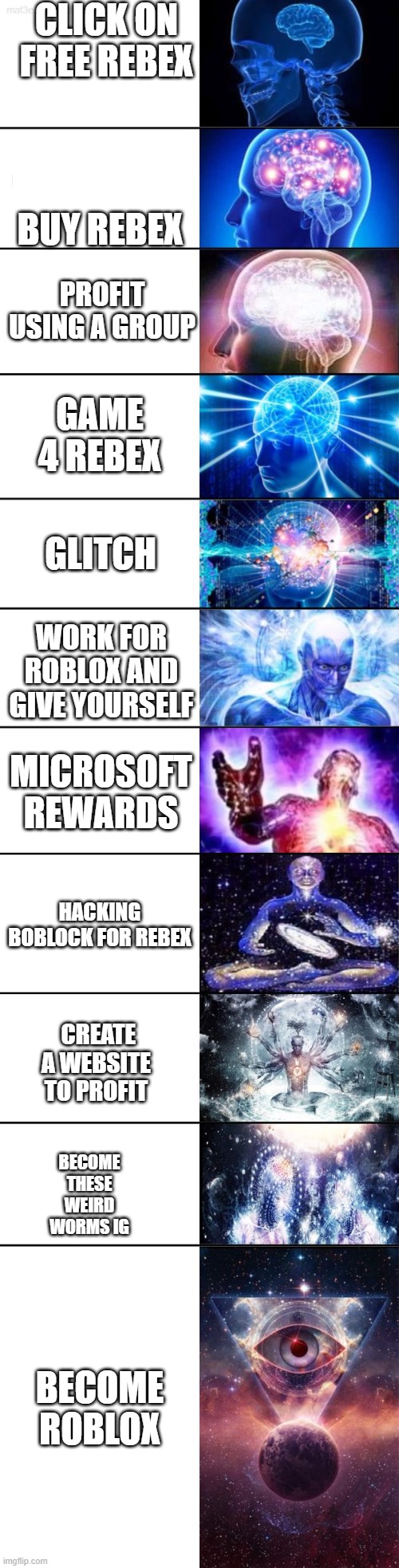 Extended Expanding Brain | CLICK ON FREE REBEX; BUY REBEX; PROFIT USING A GROUP; GAME 4 REBEX; GLITCH; WORK FOR ROBLOX AND GIVE YOURSELF; MICROSOFT REWARDS; HACKING BOBLOCK FOR REBEX; CREATE A WEBSITE TO PROFIT; BECOME THESE WEIRD WORMS IG; BECOME ROBLOX | image tagged in extended expanding brain | made w/ Imgflip meme maker