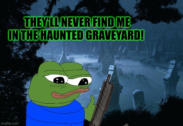 graveyard | THEY'LL NEVER FIND ME IN THE HAUNTED GRAVEYARD! | image tagged in graveyard | made w/ Imgflip meme maker