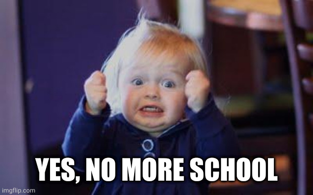 excited kid | YES, NO MORE SCHOOL | image tagged in excited kid | made w/ Imgflip meme maker