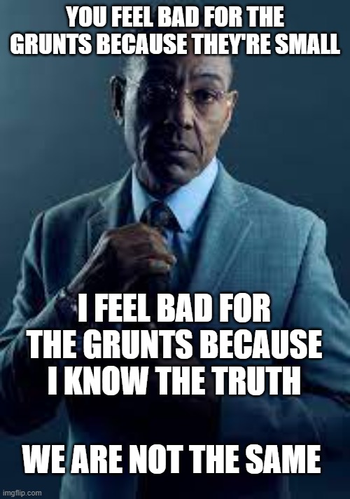 grunts | YOU FEEL BAD FOR THE GRUNTS BECAUSE THEY'RE SMALL; I FEEL BAD FOR THE GRUNTS BECAUSE I KNOW THE TRUTH; WE ARE NOT THE SAME | image tagged in we are not the same,halo | made w/ Imgflip meme maker