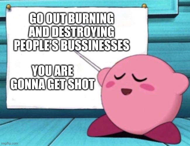 Kirby's lesson | GO OUT BURNING AND DESTROYING PEOPLE'S BUSSINESSES YOU ARE GONNA GET SHOT | image tagged in kirby's lesson | made w/ Imgflip meme maker