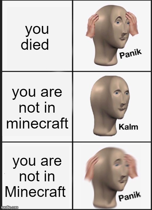 [insert creative title here] | you died; you are not in minecraft; you are not in Minecraft | image tagged in memes,panik kalm panik | made w/ Imgflip meme maker