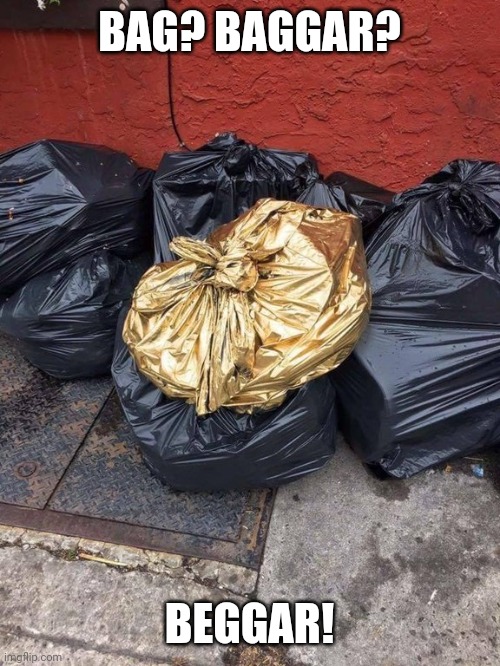 Golden Trash Bag | BAG? BAGGAR? BEGGAR! | image tagged in golden trash bag | made w/ Imgflip meme maker