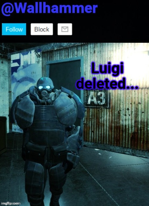 Luigi deleted... | image tagged in wallhammer | made w/ Imgflip meme maker