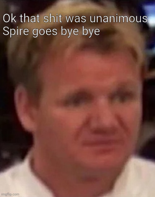 Disgusted Gordon | Ok that shit was unanimous
Spire goes bye bye | image tagged in disgusted gordon | made w/ Imgflip meme maker