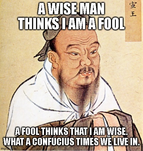 Confucius Says | A WISE MAN THINKS I AM A FOOL; A FOOL THINKS THAT I AM WISE.
WHAT A CONFUCIUS TIMES WE LIVE IN. | image tagged in confucius says,funny memes,wise,joke | made w/ Imgflip meme maker