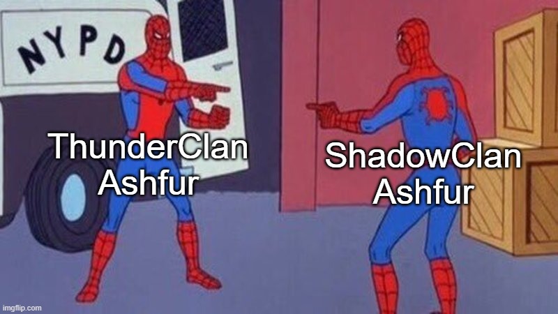 ashfur | ThunderClan Ashfur; ShadowClan Ashfur | image tagged in spiderman pointing at spiderman,warrior cats,ashfur | made w/ Imgflip meme maker