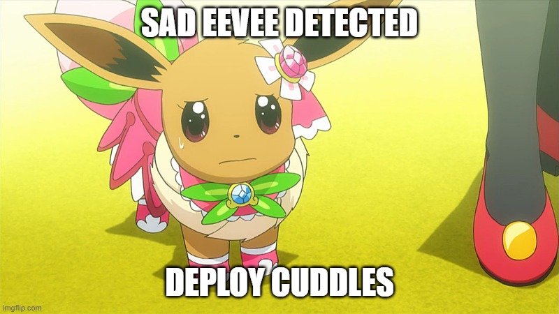 GO GO GO! | SAD EEVEE DETECTED; DEPLOY CUDDLES | image tagged in sad eevee | made w/ Imgflip meme maker