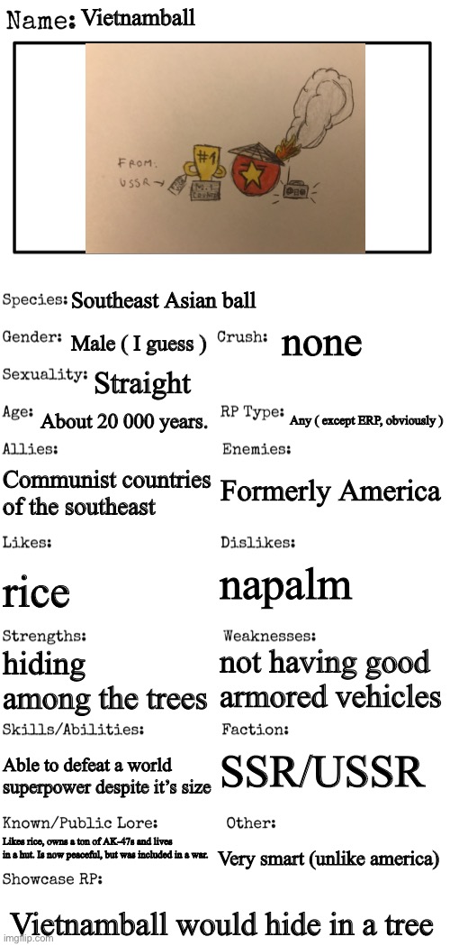 new oc, apart from Hans and Ivan | Vietnamball; Southeast Asian ball; none; Male ( I guess ); Straight; About 20 000 years. Any ( except ERP, obviously ); Formerly America; Communist countries of the southeast; napalm; rice; not having good armored vehicles; hiding among the trees; SSR/USSR; Able to defeat a world superpower despite it’s size; Likes rice, owns a ton of AK-47s and lives in a hut. Is now peaceful, but was included in a war. Very smart (unlike america); Vietnamball would hide in a tree | image tagged in new oc showcase for rp stream | made w/ Imgflip meme maker