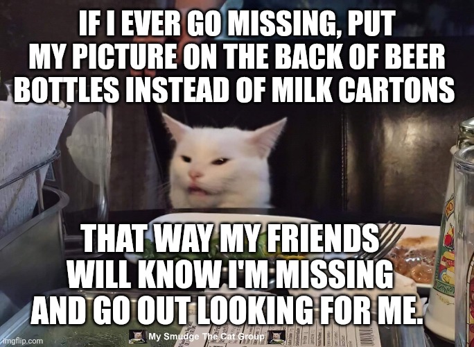 IF I EVER GO MISSING, PUT MY PICTURE ON THE BACK OF BEER BOTTLES INSTEAD OF MILK CARTONS; THAT WAY MY FRIENDS WILL KNOW I'M MISSING AND GO OUT LOOKING FOR ME. | image tagged in smudge the cat | made w/ Imgflip meme maker