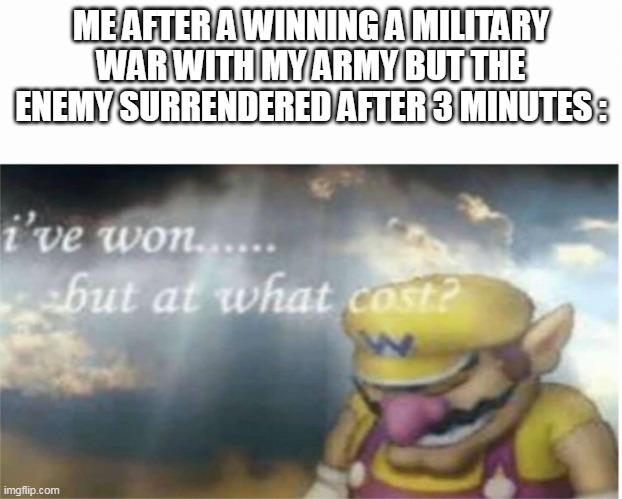 bruh | ME AFTER A WINNING A MILITARY WAR WITH MY ARMY BUT THE ENEMY SURRENDERED AFTER 3 MINUTES : | image tagged in i won but at what cost | made w/ Imgflip meme maker