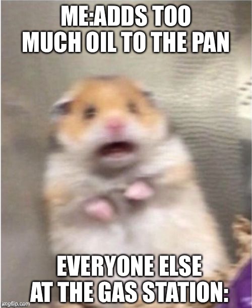 Scared Hamster | ME:ADDS TOO MUCH OIL TO THE PAN; EVERYONE ELSE AT THE GAS STATION: | image tagged in scared hamster | made w/ Imgflip meme maker