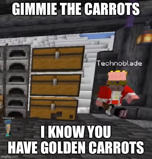 Technoblade and sneegsnag | GIMMIE THE CARROTS; I KNOW YOU HAVE GOLDEN CARROTS | image tagged in original meme | made w/ Imgflip meme maker