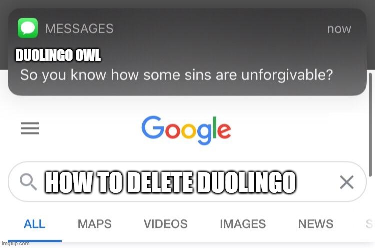 Hope this never happens to you! | DUOLINGO OWL; HOW TO DELETE DUOLINGO | image tagged in so you know how some sins are unforgivable | made w/ Imgflip meme maker
