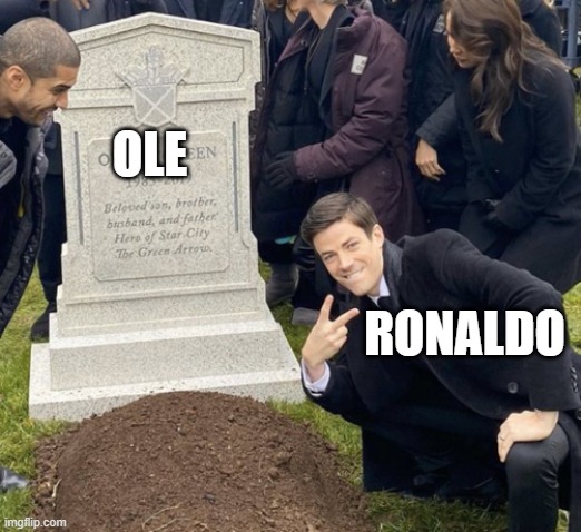 Ole out | OLE; RONALDO | image tagged in grant gustin over grave cropped headstone rip tombstone | made w/ Imgflip meme maker