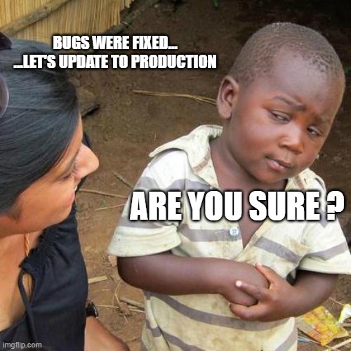 Are you sure the bugs were fixed ? | BUGS WERE FIXED...
...LET'S UPDATE TO PRODUCTION; ARE YOU SURE ? | image tagged in memes,third world skeptical kid | made w/ Imgflip meme maker