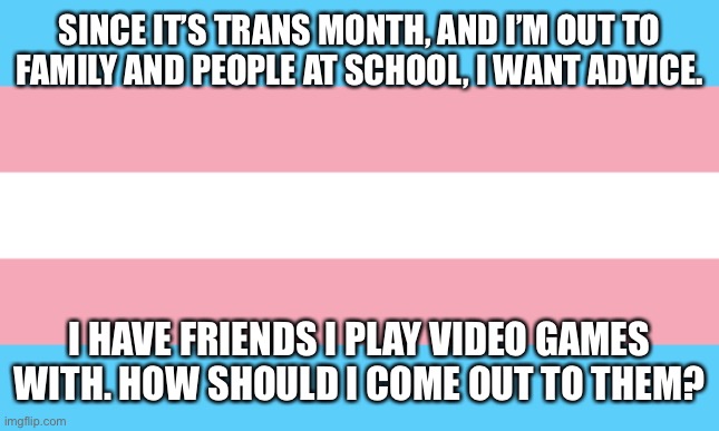 I asked about this in the title of another image but nobody reads titles. This is a more direct way. | SINCE IT’S TRANS MONTH, AND I’M OUT TO FAMILY AND PEOPLE AT SCHOOL, I WANT ADVICE. I HAVE FRIENDS I PLAY VIDEO GAMES WITH. HOW SHOULD I COME OUT TO THEM? | image tagged in trans flag | made w/ Imgflip meme maker