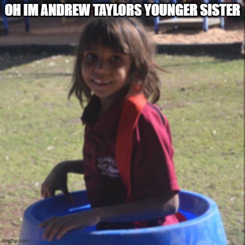 my sister | OH IM ANDREW TAYLORS YOUNGER SISTER | image tagged in my sister | made w/ Imgflip meme maker