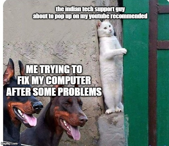 Hidden cat | the indian tech support guy about to pop up on my youtube recommended; ME TRYING TO FIX MY COMPUTER AFTER SOME PROBLEMS | image tagged in hidden cat | made w/ Imgflip meme maker