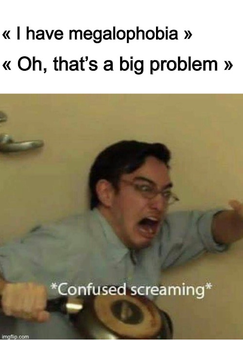 Confused screaming | « Oh, that’s a big problem »; « I have megalophobia » | image tagged in confused screaming | made w/ Imgflip meme maker