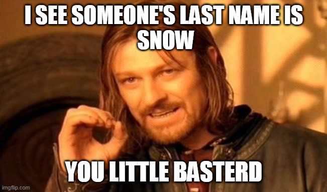 One Does Not Simply Meme | I SEE SOMEONE'S LAST NAME IS
 SNOW; YOU LITTLE BASTERD | image tagged in memes,one does not simply | made w/ Imgflip meme maker