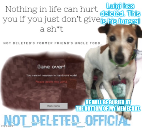 Not-Deleted_official’s announcement template | Luigi has deleted. This is his funeral; HE WILL BE BURIED AT THE BOTTOM OF MY MEMECHAT. | image tagged in not-deleted_official s announcement template | made w/ Imgflip meme maker