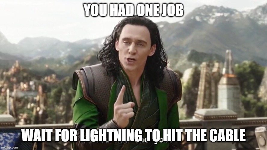 You had one job. Just the one | YOU HAD ONE JOB; WAIT FOR LIGHTNING TO HIT THE CABLE | image tagged in you had one job just the one | made w/ Imgflip meme maker