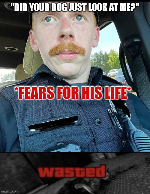 Blue Lives Murder | "DID YOUR DOG JUST LOOK AT ME?"; *FEARS FOR HIS LIFE* | image tagged in ginger kkkop,wasted,conservatives,pig,cops | made w/ Imgflip meme maker