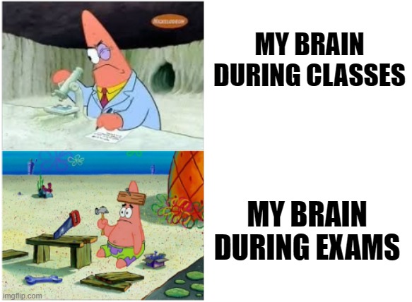 me dumb | MY BRAIN DURING CLASSES; MY BRAIN DURING EXAMS | image tagged in patrick smart dumb,memes,exams | made w/ Imgflip meme maker