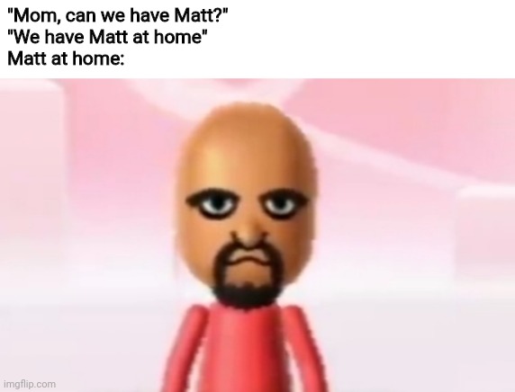 This is gonna bug me for the rest of my life now... | "Mom, can we have Matt?"
"We have Matt at home"
Matt at home: | image tagged in memes | made w/ Imgflip meme maker