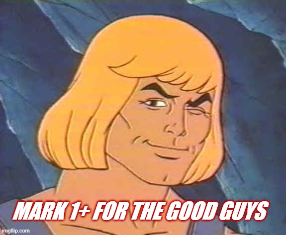 He-Man Wink | MARK 1+ FOR THE GOOD GUYS | image tagged in he-man wink | made w/ Imgflip meme maker
