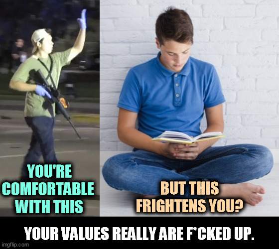 YOU'RE COMFORTABLE 
WITH THIS; BUT THIS FRIGHTENS YOU? YOUR VALUES REALLY ARE F*CKED UP. | image tagged in guns,stupid,books,smart | made w/ Imgflip meme maker
