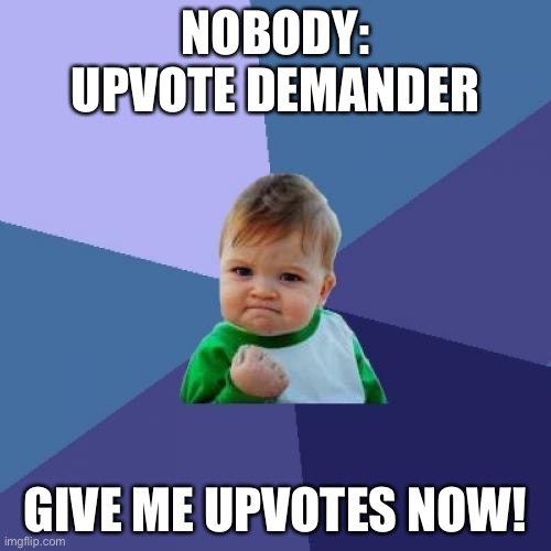 It’s not upvote begging! | NOBODY:
UPVOTE DEMANDER; GIVE ME UPVOTES NOW! | image tagged in memes,success kid | made w/ Imgflip meme maker