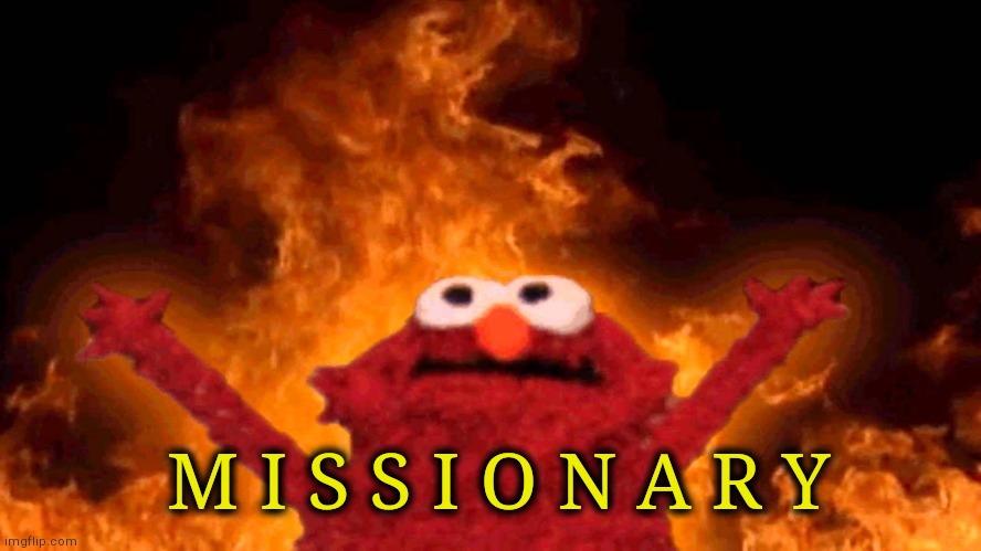 elmo fire | M I S S I O N A R Y | image tagged in elmo fire | made w/ Imgflip meme maker