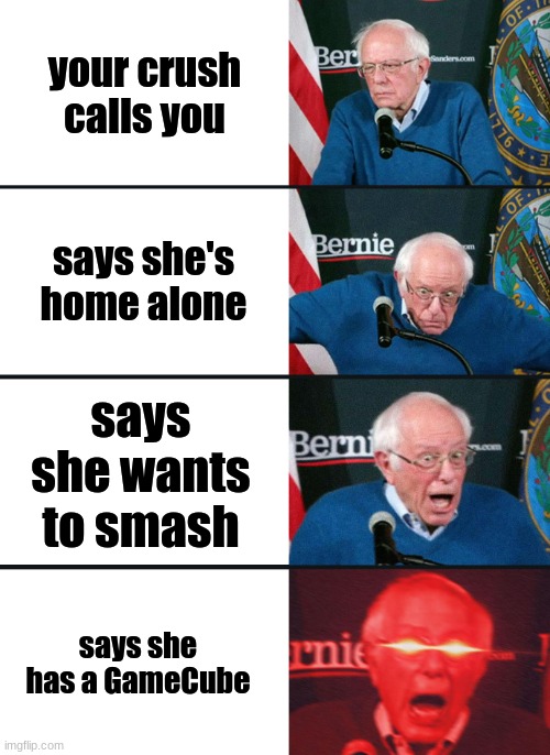 IT'S MELEE!!! | your crush calls you; says she's home alone; says she wants to smash; says she has a GameCube | image tagged in bernie sanders reaction nuked | made w/ Imgflip meme maker