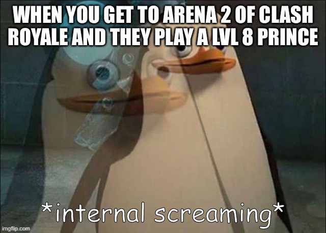 Based on a true story | WHEN YOU GET TO ARENA 2 OF CLASH ROYALE AND THEY PLAY A LVL 8 PRINCE | image tagged in private internal screaming | made w/ Imgflip meme maker