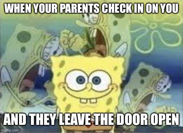 SpongeBob Internal Screaming |  WHEN YOUR PARENTS CHECK IN ON YOU; AND THEY LEAVE THE DOOR OPEN | image tagged in closed,internal screaming,help me,i have decided that i want to die | made w/ Imgflip meme maker