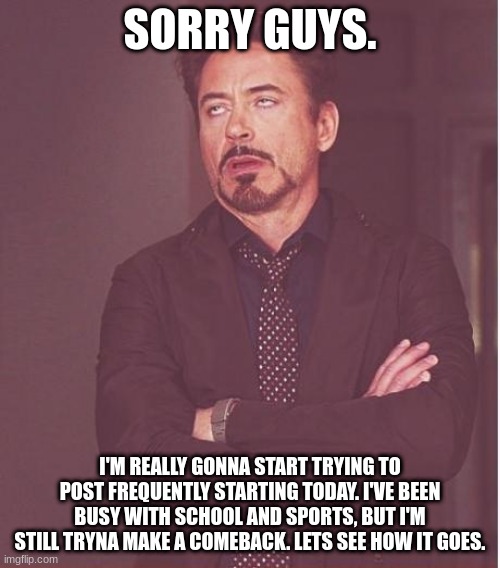 sorry | SORRY GUYS. I'M REALLY GONNA START TRYING TO POST FREQUENTLY STARTING TODAY. I'VE BEEN BUSY WITH SCHOOL AND SPORTS, BUT I'M STILL TRYNA MAKE A COMEBACK. LETS SEE HOW IT GOES. | image tagged in memes,face you make robert downey jr | made w/ Imgflip meme maker