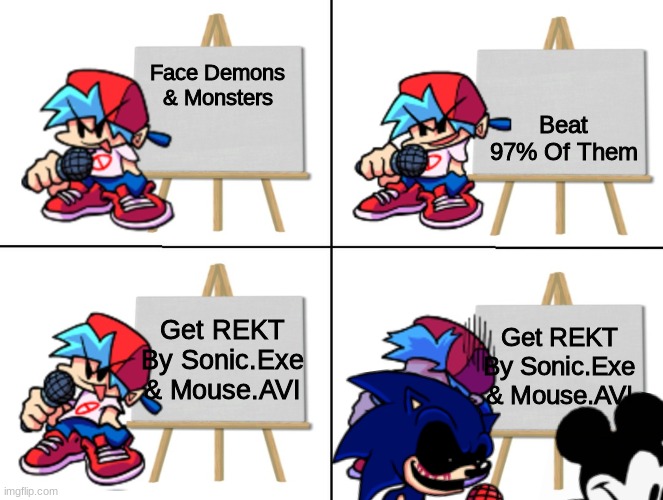 Beep Bop | Beat 97% Of Them; Face Demons & Monsters; Get REKT By Sonic.Exe & Mouse.AVI; Get REKT By Sonic.Exe & Mouse.AVI | image tagged in the bf's plan | made w/ Imgflip meme maker