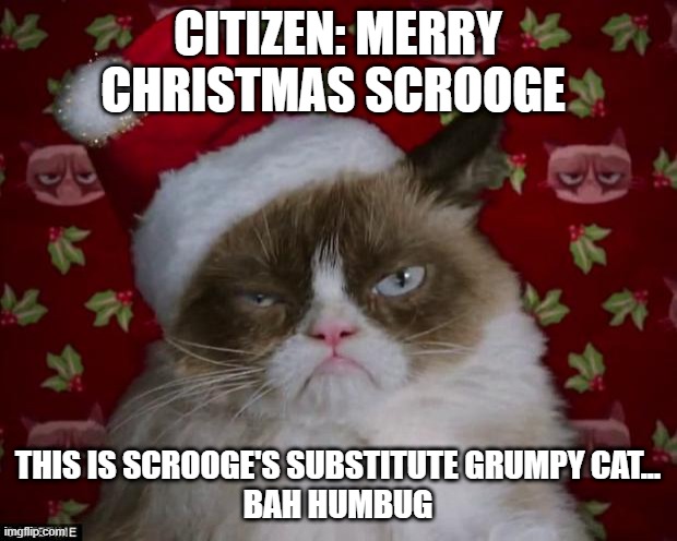 Grumpy Cat Christmas | CITIZEN: MERRY CHRISTMAS SCROOGE; THIS IS SCROOGE'S SUBSTITUTE GRUMPY CAT...
BAH HUMBUG | image tagged in grumpy cat christmas | made w/ Imgflip meme maker