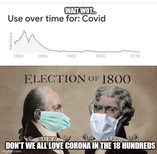 Wait a minute... | YES; WAIT WOT... DON'T WE ALL LOVE CORONA IN THE 18 HUNDREDS | image tagged in 1800 election | made w/ Imgflip meme maker