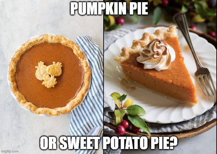 These are the important, hard-hitting questions, folks? | PUMPKIN PIE; OR SWEET POTATO PIE? | image tagged in pumpkin pie,sweet potato pie | made w/ Imgflip meme maker