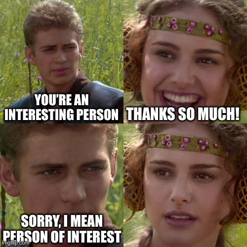 Interesting person of interest | YOU’RE AN INTERESTING PERSON; THANKS SO MUCH! SORRY, I MEAN PERSON OF INTEREST | image tagged in anakin padme 4 panel,criminal,investigation | made w/ Imgflip meme maker