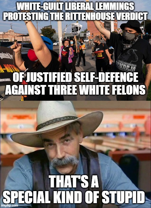WHITE-GUILT LIBERAL LEMMINGS PROTESTING THE RITTENHOUSE VERDICT; OF JUSTIFIED SELF-DEFENCE AGAINST THREE WHITE FELONS; THAT'S A SPECIAL KIND OF STUPID | image tagged in sam elliott special kind of stupid | made w/ Imgflip meme maker