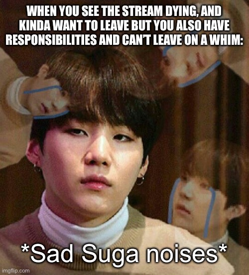 I feel like it’s dying. | WHEN YOU SEE THE STREAM DYING, AND KINDA WANT TO LEAVE BUT YOU ALSO HAVE RESPONSIBILITIES AND CAN’T LEAVE ON A WHIM:; *Sad Suga noises* | image tagged in sad yoongi | made w/ Imgflip meme maker