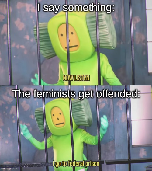 Oh no | I say something:; The feminists get offended: | image tagged in juicy,funny | made w/ Imgflip meme maker