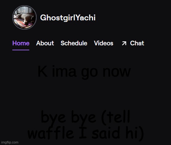 Yachi's twitch temp | K ima go now; bye bye (tell waffle I said hi) | image tagged in yachi's twitch temp | made w/ Imgflip meme maker